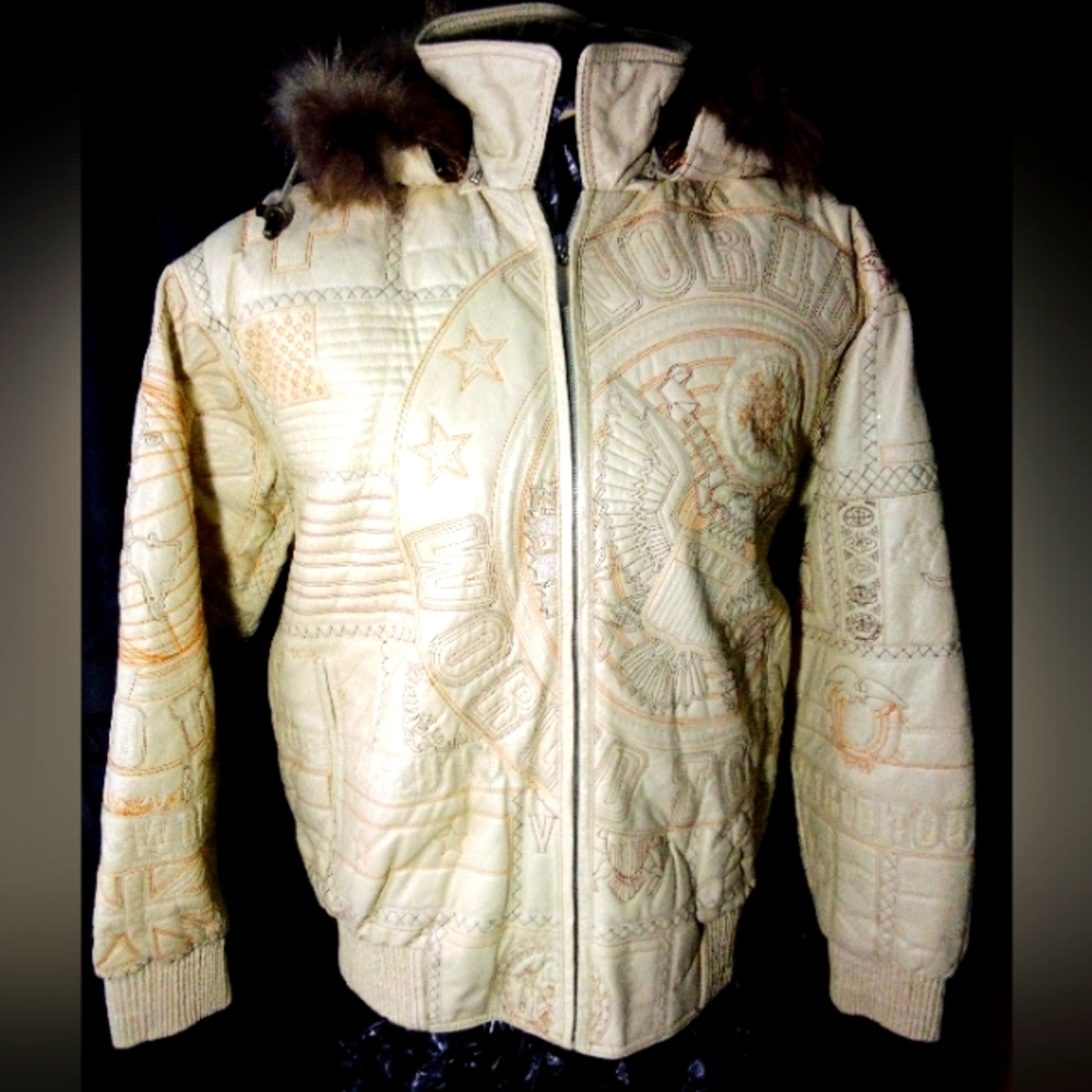 World Tour Embroidered Graphics Removable Hooded Leather Jacket Men's 2XL Cream